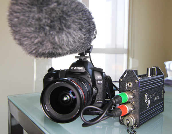 The 5DmkII set up for video with an Sound Devices audio mixer