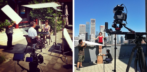 Left, lighting for Mr. Gong and Lili's tea scene. Right, The Canon C100 on Kessler Crane Cineslider.