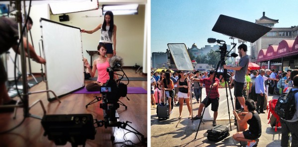 Left: Lighting a yoga studio. Right, DOP Jonah Kessel on an apple box with Miller 2020 Compass15 at full height.