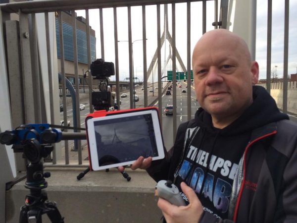 Dan Berube and Ron Risman time-lapse setup at Zakim Bridge