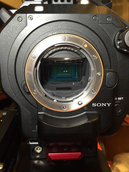 The Sony LA-EA4 adapter on the FS7 - note the translucent mirror