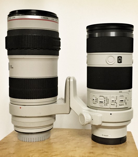 Canon's 70-200 f2.8L IS II next to the Sony 70-200 f4 FE lens