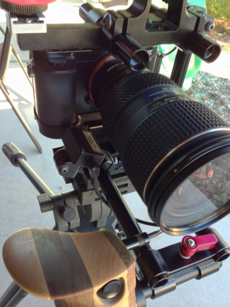 The IR box and wooden handgrip on an a7S rig