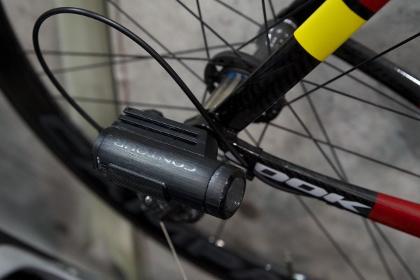 A Contour action camera mount for the rear wheel of a bicycle. 