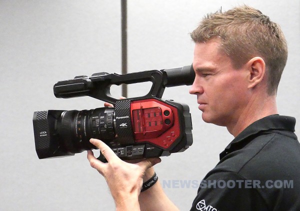 Newsshooter Technical Editor Matt Allard holds the new Panasonic AG-DVX200 moments after it was introduced at NAB