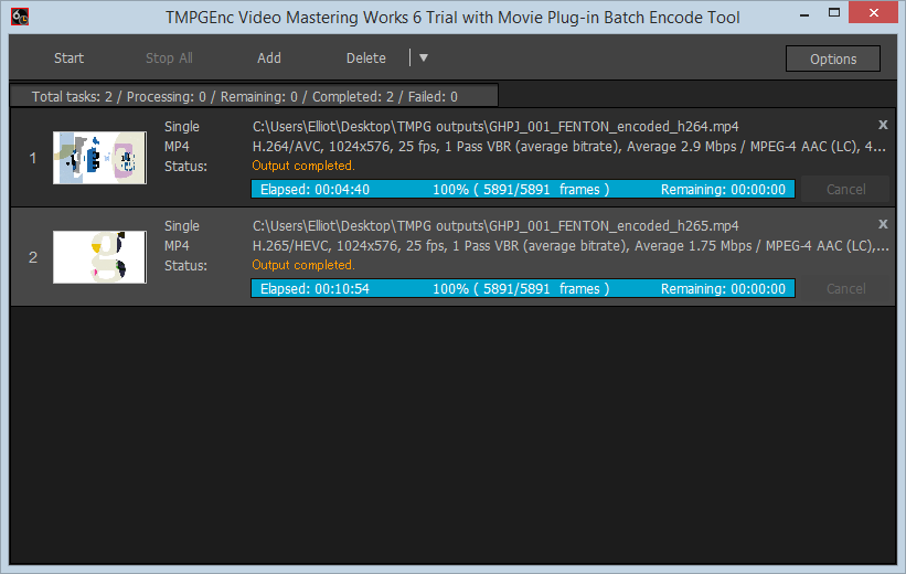 h265 takes significantly longer than h264 to encode but the output has a much smaller filesize.