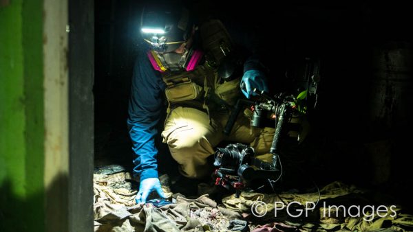 Filming highly radioactive  firemen’s clothing in basement of hospital no. 126. Radiation levels were 8,600 times more radioactive than background levels in Denver, CO.