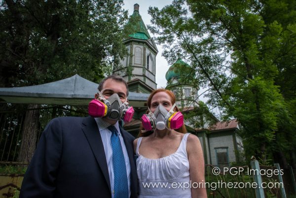 Mr and Mrs Grossman in on their wedding day. In Chernobyl. Respirators, models' own