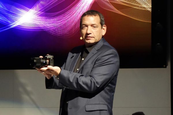 Sony A7s II camera being introduced onstage during Sony's press conference at IBC 2015