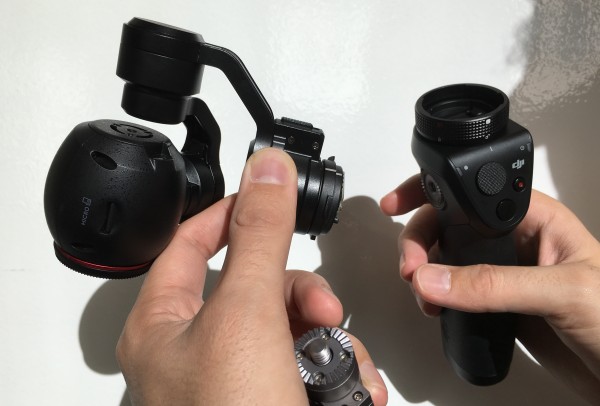 The X3 camera and gimbal detach from the OSMO handle and the X5 camera can be attached in its place