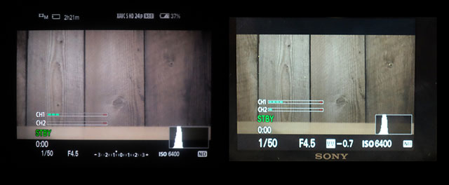 Left: the viewfinder shows a full-time exposure meter at the bottom, whereas at right the LCD only shows a plus or minus value for the metered exposure.