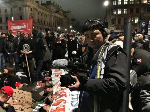 Shooting with the FS5 at the London anti-war protests (Photo by Peter Nicholls)