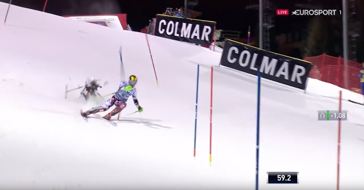 TV Drone crashes and almost takes out down hill skier Marcel Hirscher