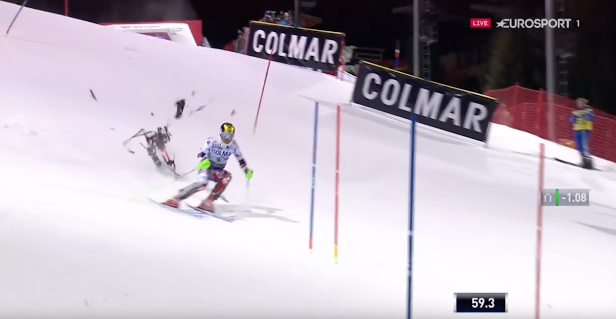 TV Drone crashes and almost takes out down hill skier Marcel Hirscher