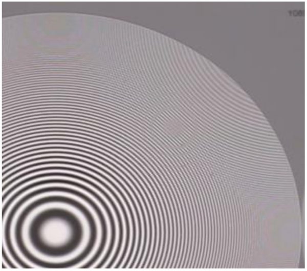 4K zone plate: Showing one quadrant of the luma pattern. The modulation is extinguished above 3300 horizontally and 1750 vertically. However, aliasing is evident, which is inevitable with a Bayer-patterned sensor.