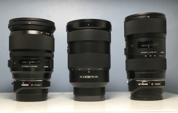 Size matters: The Sigma 24-105mm f4 (L), Sony 24-70 f2.8 G Master (C) and Sigma 18-35mm f1.8. Both Sigmas have Metabones EF to E-mount adapters fitted.