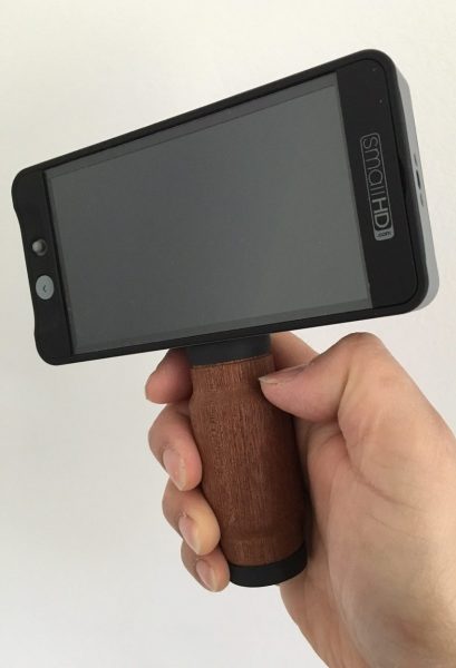 The Shouldered wooden handgrip on a SmallHD 502 monitor