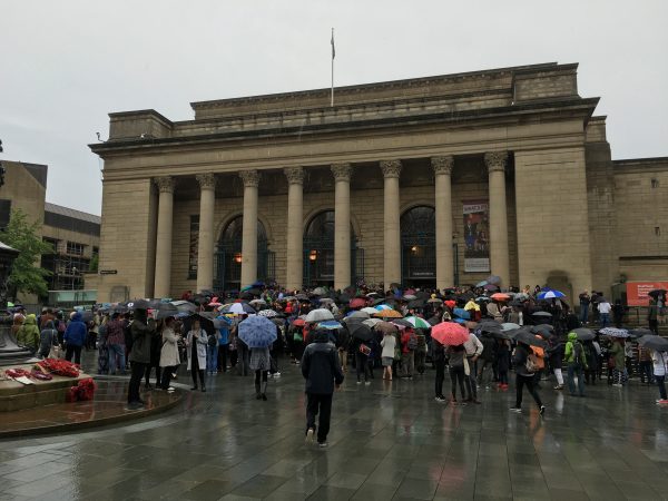 The crowds outside the screening of Michael Moore's latest film 'Where to invade next' at Sheffield Doc Fest.