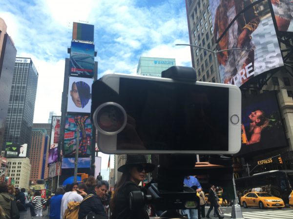 On location in Times Square, New York. Photograph: Eleanor Mannion