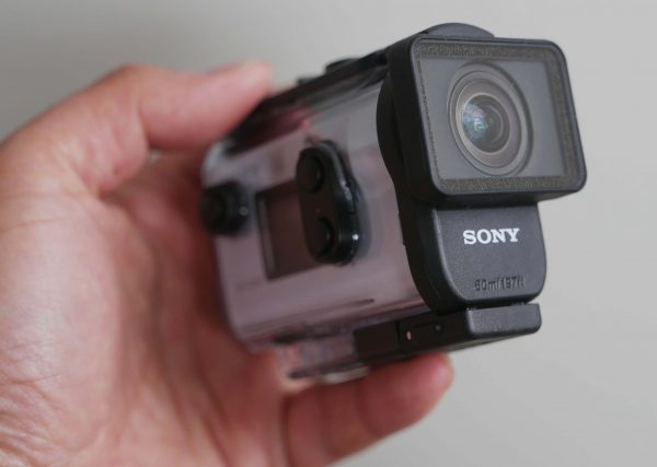 The Sony FDR-X3000R in its waterproof case