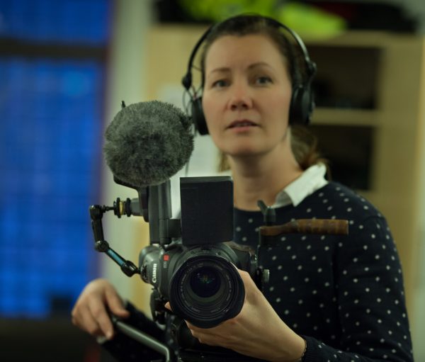 Video journalist Gry Kårstad tests the C300 rig. Photograph: Kjetil Solhøi