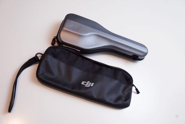The box contents of the DJI Osmo Mobile smartphone gimbal: hard case and soft carrying pouch