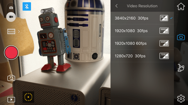 The DJI GO app video resolution screen