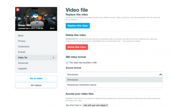 Vimeo’s 360 video services will support both monoscopic and stereoscopic video, add metadata, customize player embed settings, capture email leads and insert calls to action.