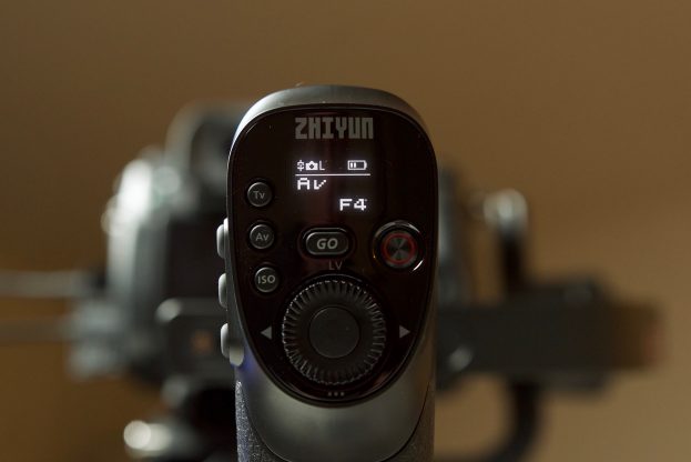 The small screen displays camera & gimbal information