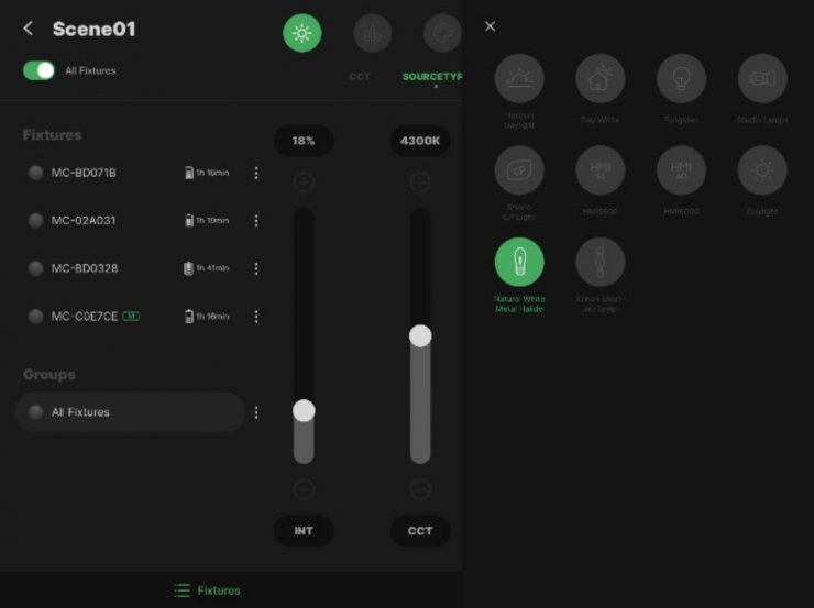 White Light Mode Source Type Menu