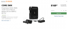 Core SWX Powerbase EDGE 49Wh 14.8V Cine V-Mount Battery Kit for BMPCC 6K Pro
