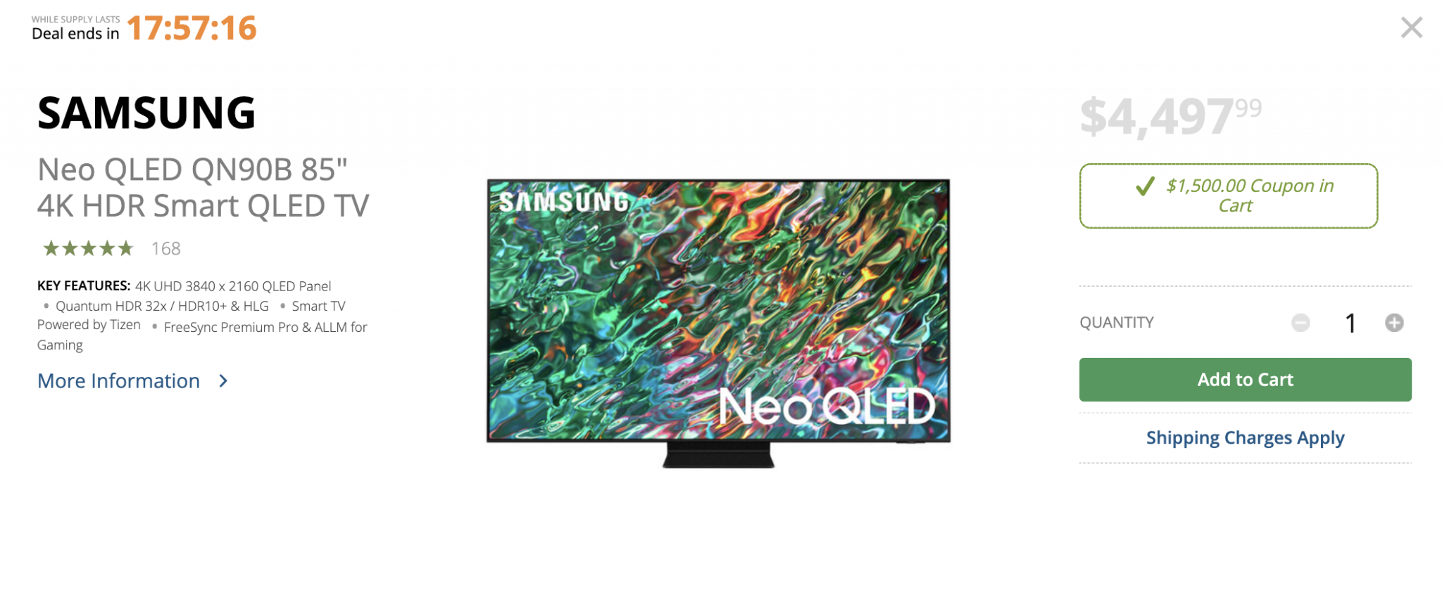 Samsung Neo QLED QN90B 85" 4K HDR Smart QLED TV 1,500 USD Off