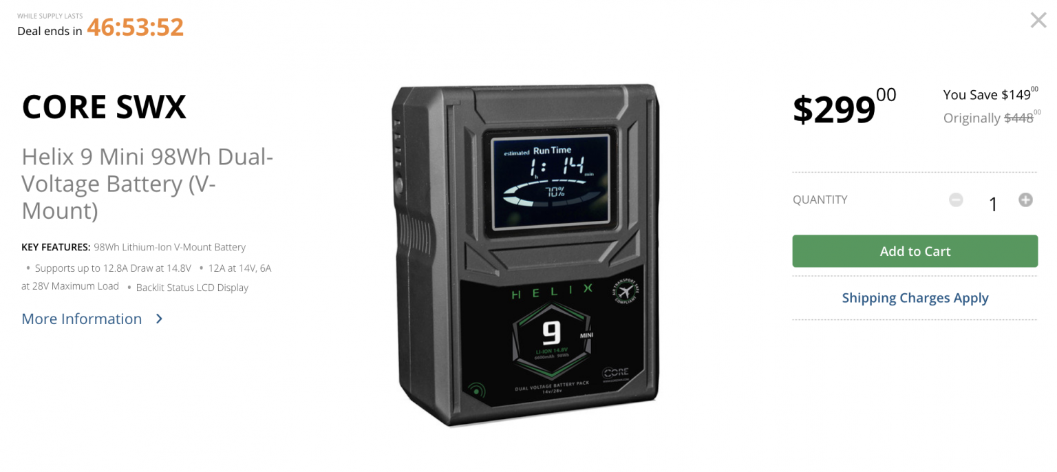 Core SWX Helix 9 Mini 98Wh DualVoltage Battery (VMount) on sale for