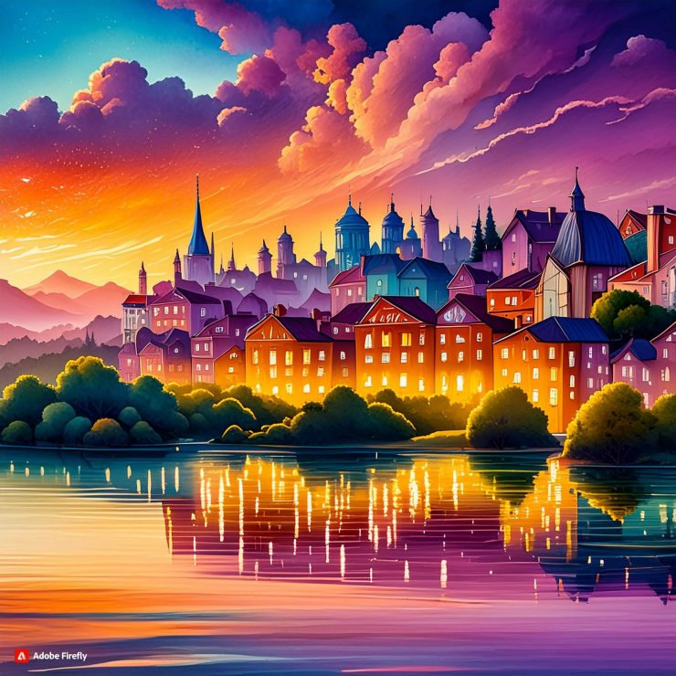 Firefly a city on the banks of a mystic lake at sunset dramatic and colorful scene with reflections 3