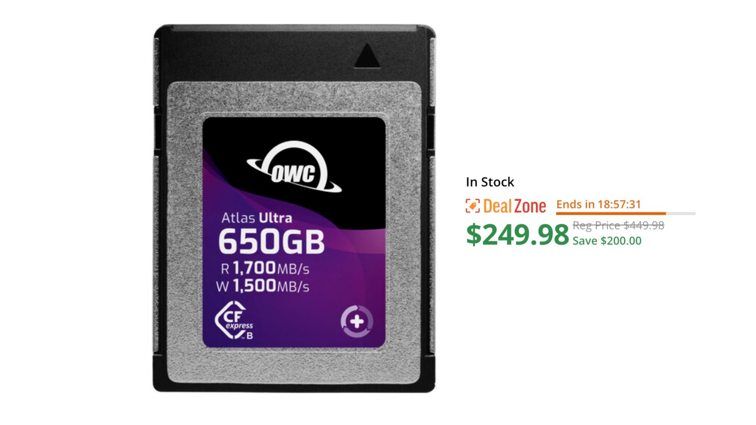 OWC 650GB Atlas Ultra CFexpress Type B Memory Card on sale for 249.98 USD Newsshooter