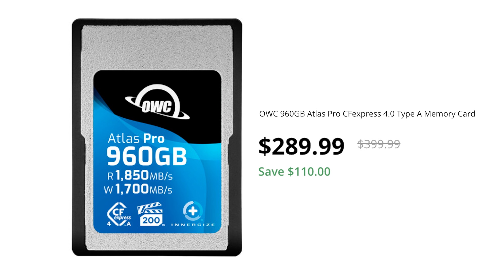 OWC 960GB Atlas Pro CFexpress 4.0 Type A Memory Card on sale for $289. ...