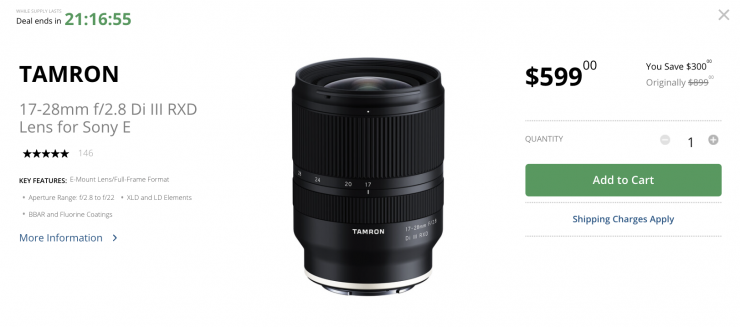 Tamron 17-28mm f/2.8 Di III RXD Lens for Sony E on sale for $599