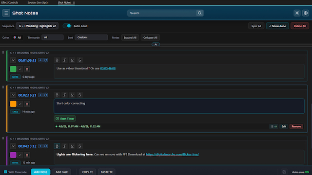 ShotNotes Full panel with notes task timecode link