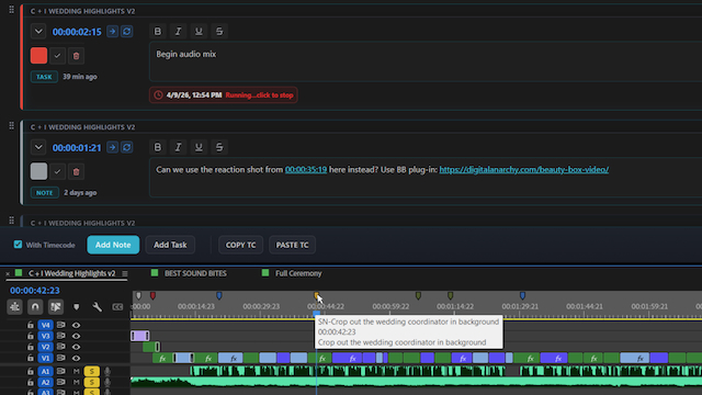 ShotNotes Task timer running note with timecode and link timeline markers mouse hover 2