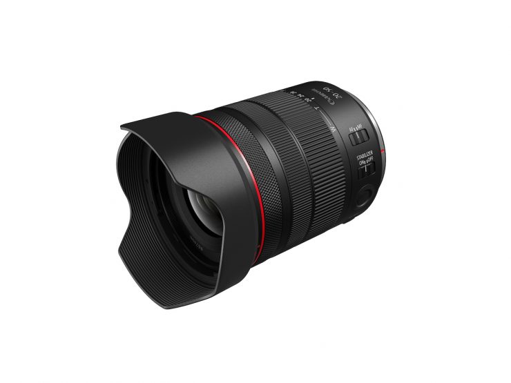 RF 20 50mm f4L IS USM PZ Front Slant with hood