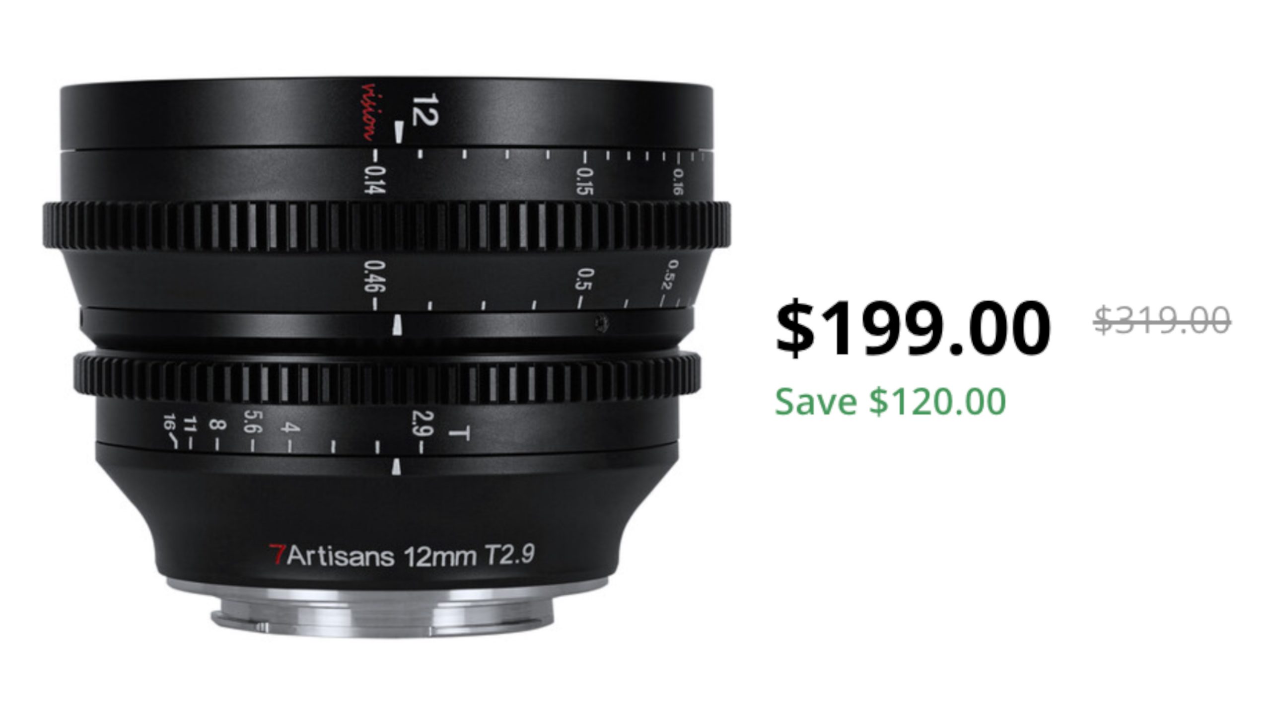 7Artisans 12mm T2.9 Vision Cine Lens (RF Mount) on sale for $199