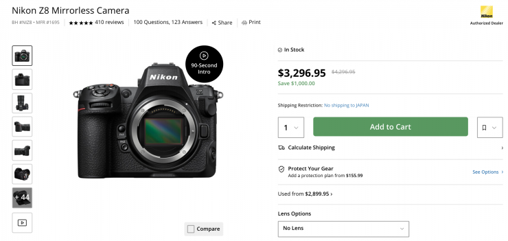 Save $1,000 USD on the Nikon Z8 Mirrorless Camera