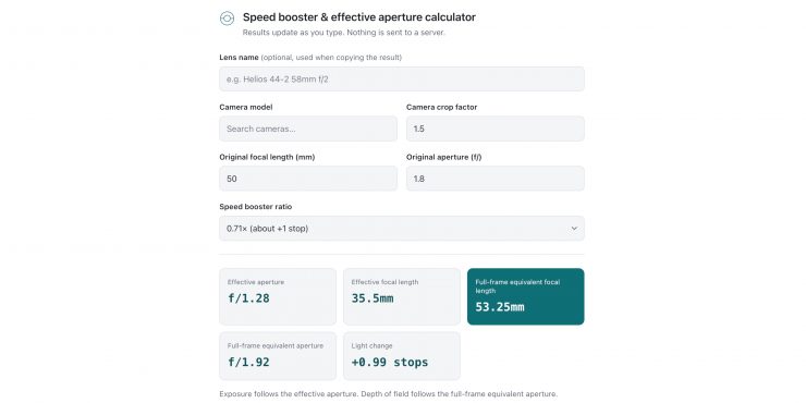 Speed Booster Effective Aperture Calculator